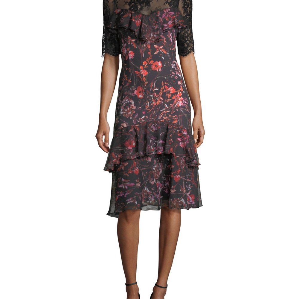 Teri Jon Black and Pink Floral Midi Dress
